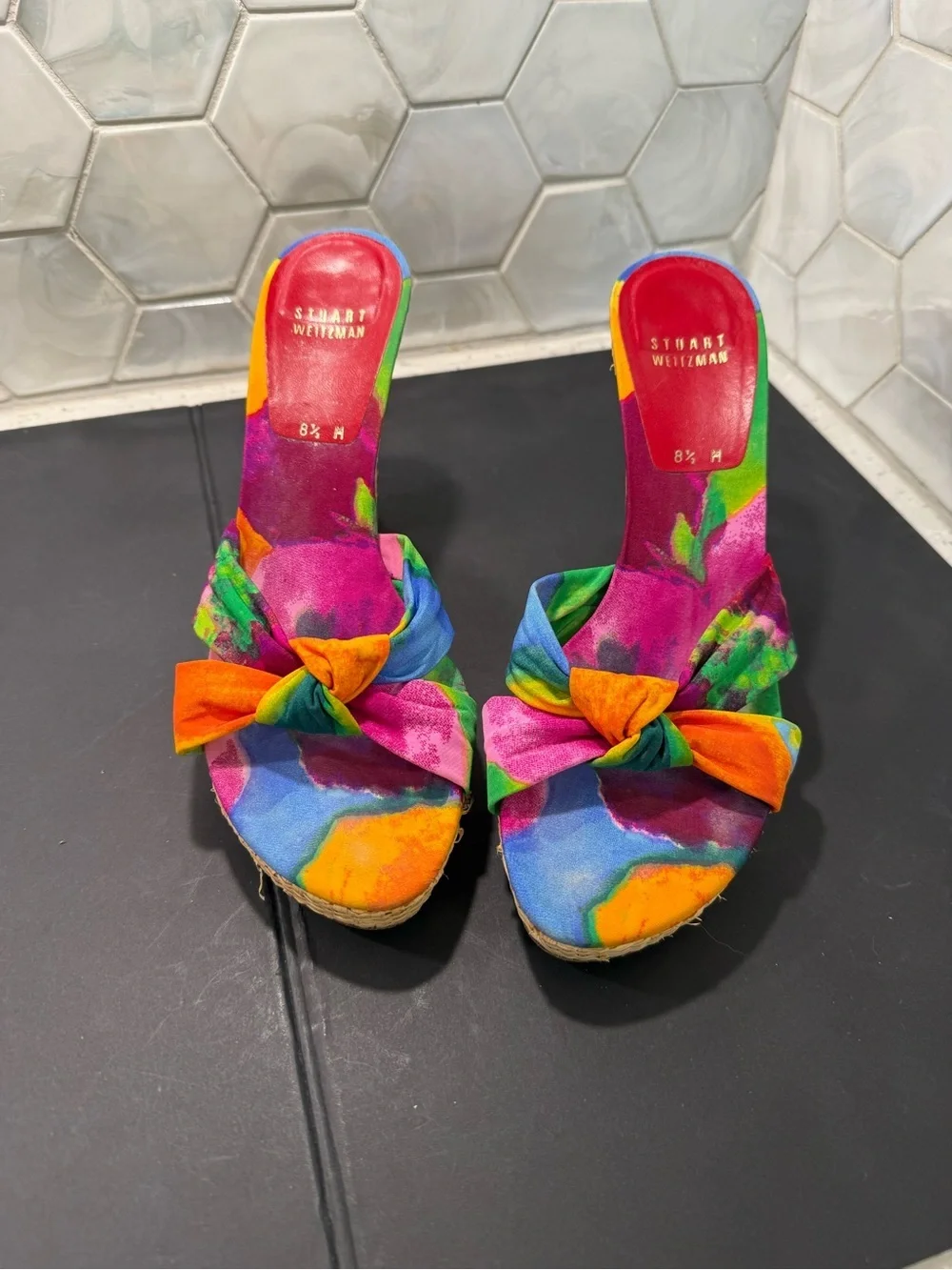 Stuart Weitzman RARE Not So Tropical Watercolor Knot Jute Platform Sandal Sz 8.5